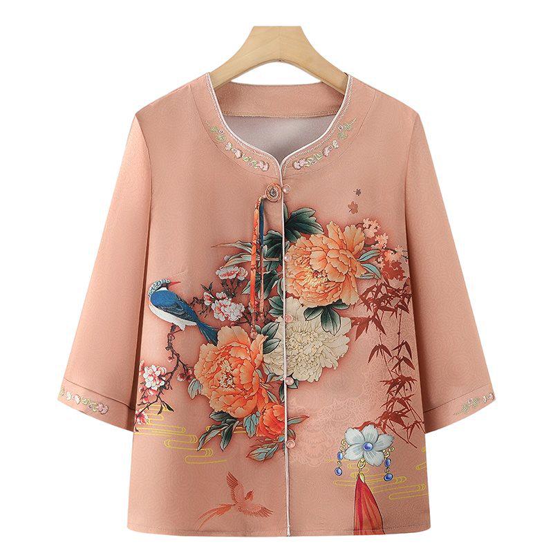 Floral Seven-Sleeve Shirt for Middle-Aged & Elderly Women – Chic Grandma Style, Summer Chinese Top