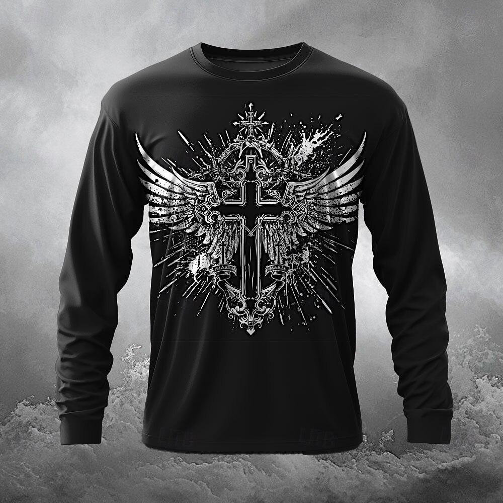 Funny Cross Wing Pattern Men's T Shirt Casual O-neck Loose Long Sleeve T-shirt Spring Autumn Comfortable Pullover Fashion Tops