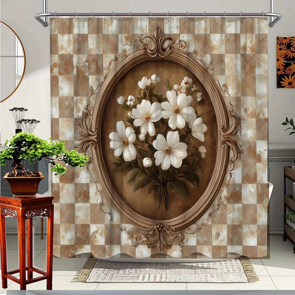 

1Pc Floral Bathroom Curtain With Elegant White Flowers & Beige Background - Polyester Fabric Tub Partition Drape, W60H190(CM)-1 Pcs
