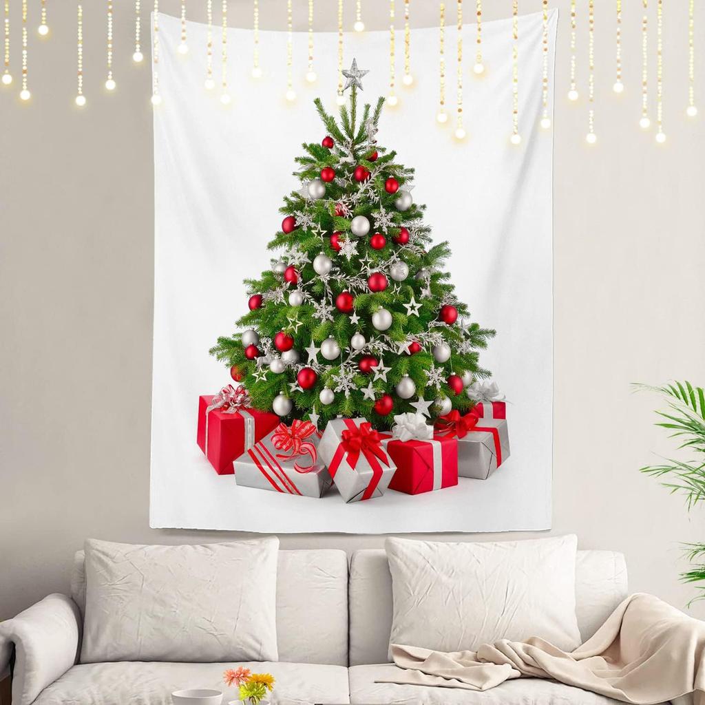 Christmas Wall Tapestry, Tree Wall Hanging Large Tapestry Decoration Polyester Fiber White Hem Around for Dorm Room Bedroom