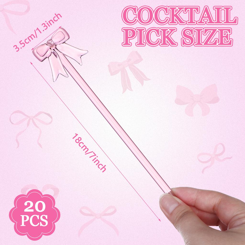 20 Pack Glass Swizzle Stick Coffee Cocktail Juice Milk Drink Swizzle Stick Pink Bow Glass Stir 7.24" For Coquette Themed Drinks,,