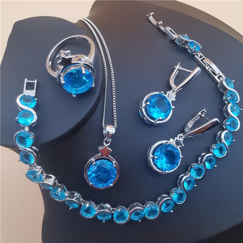 

Wedding Women Jewelry Sets Silver 925 Jewelry Ladies Zircon Costume Rings Bracelets Earrings Pendant and Necklace Set ring size 10 море синього кольору