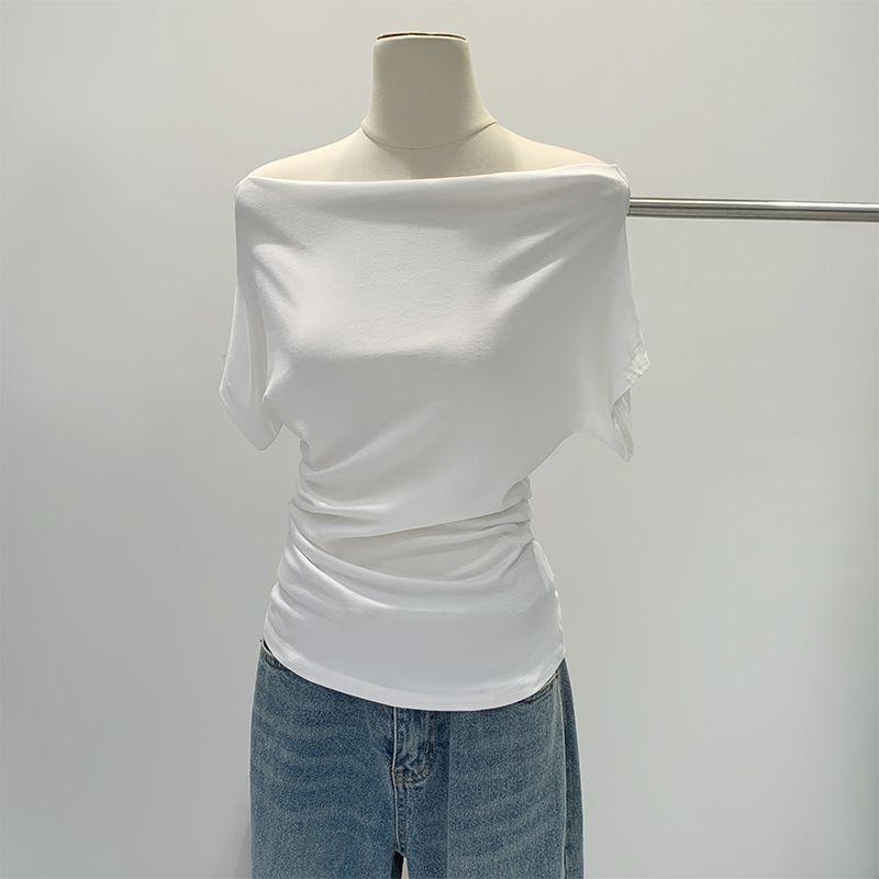 

off-Shoulder Swing Collar White Short-Sleeved T-shirt Female Summer Classy Stylish Unique Beautiful Silm Strapless Sloping Shoulder Tops White S