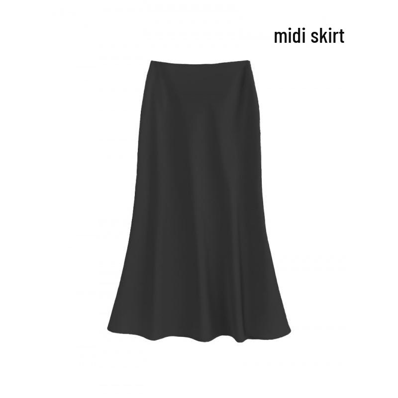 Satin Drape Elastic Waist Midi Skirt - Women's High Waist A-Line for Spring/Summer