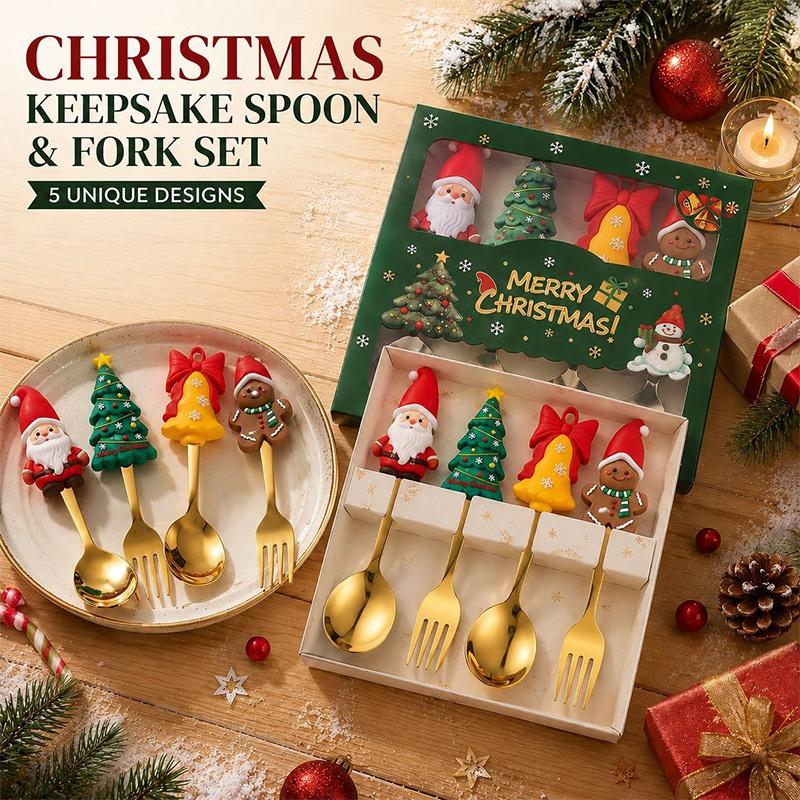2Pcs Christmas Themed Gold Spoon Fork Set With Cute Santa Gingerbread Tree Handles For Holiday Dinner Parties And Xmas Gift