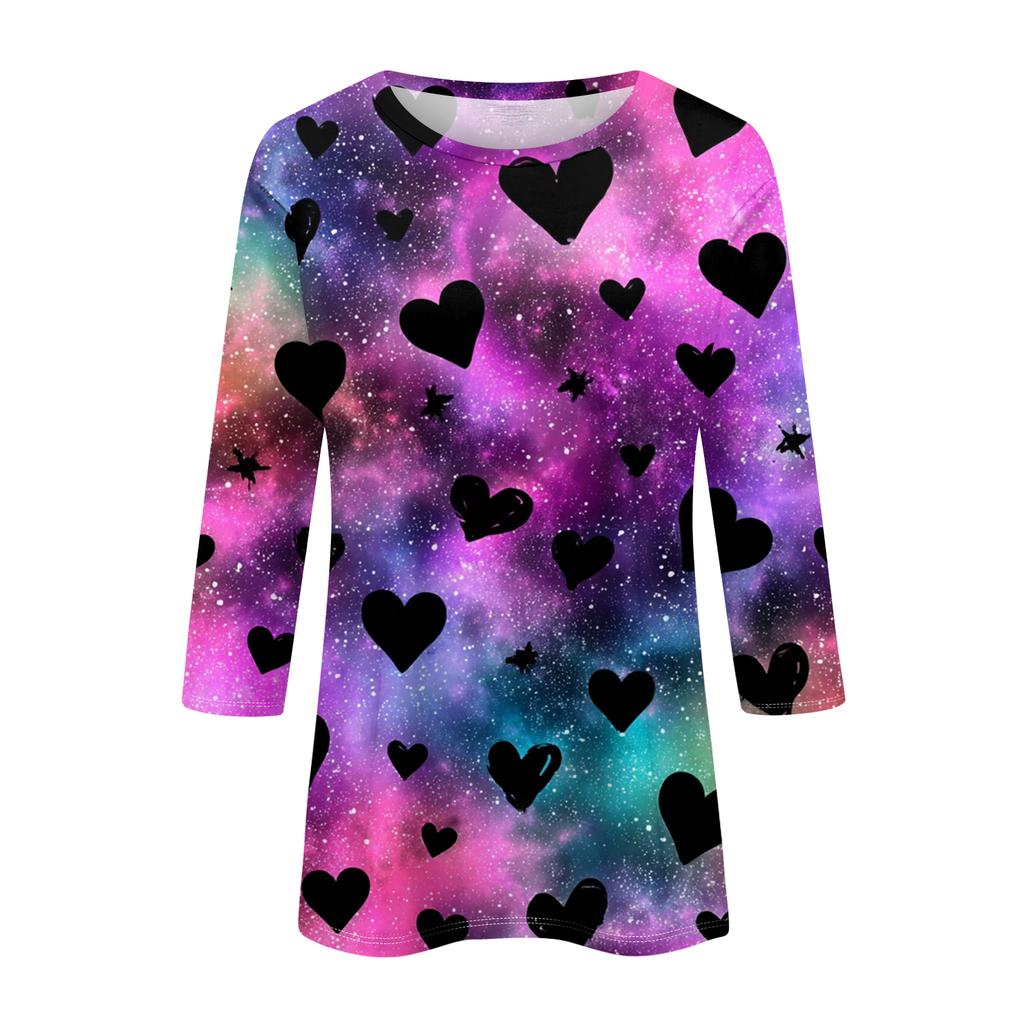 Damen Modisches Lässiges Dreiviertelarm Herzförmig Bedrucktes Rundhals-Top