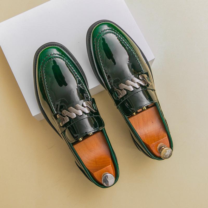 Men s Chunky Heel Loafers: Autumn Leather, Thick Sole, Bright Finish, Metal Detail. 41