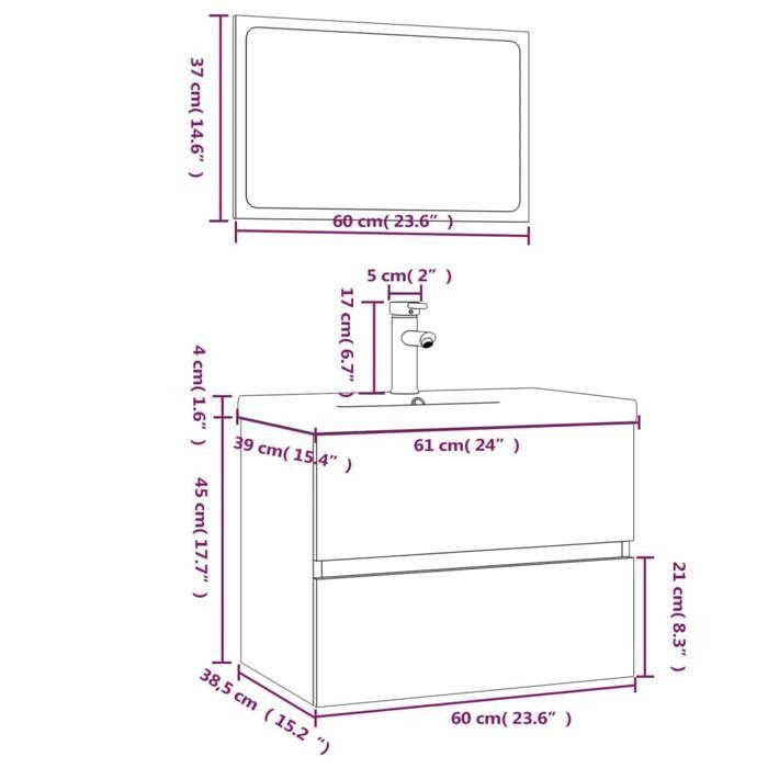 VidaXL Meubles de Salle de Bain Meuble sous Évier Miroir Armoire de Lavabo Armoire de Rangement Intérieur Chêne Fumé Bois 3152876