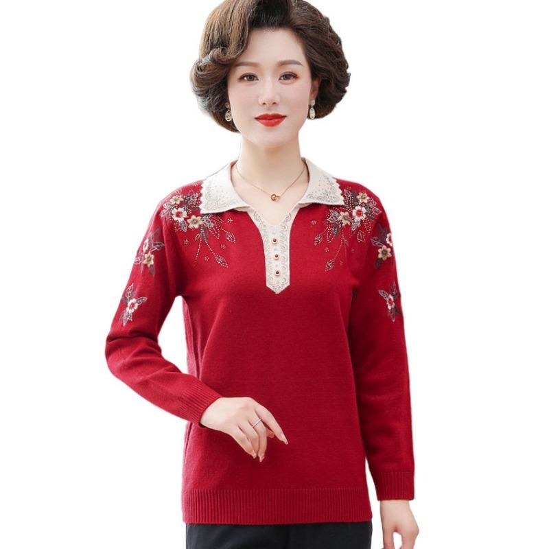 Mom Lapel Knitted Sweater Medium and Old Spring Long-sleeved Sweater Bottoming Shirt Middle-aged Women's New Thin Sweater