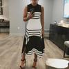 Elegant Summer Sleeveless Striped Patchwork Dress: Black & White Casual Round Neck
