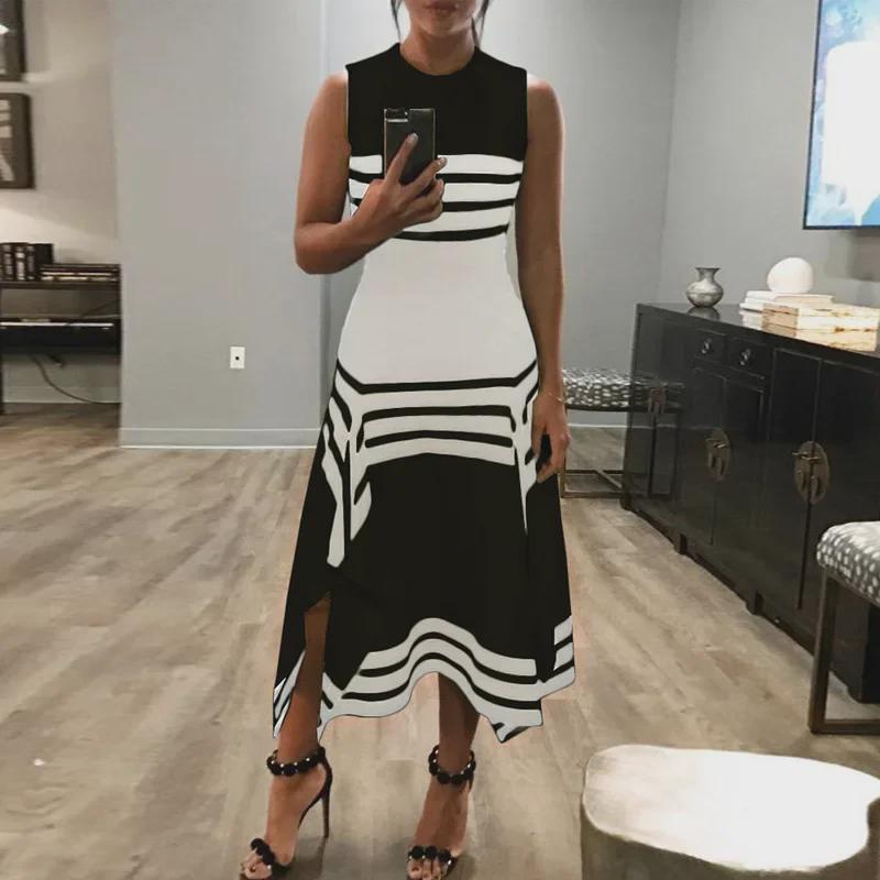 Elegant Summer Sleeveless Striped Patchwork Dress: Black & White Casual Round Neck