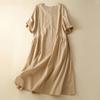 Real Summer New Literary Large Size Loose Solid Color V-neck Short-sleeved Dress Women's Medium and Long Models