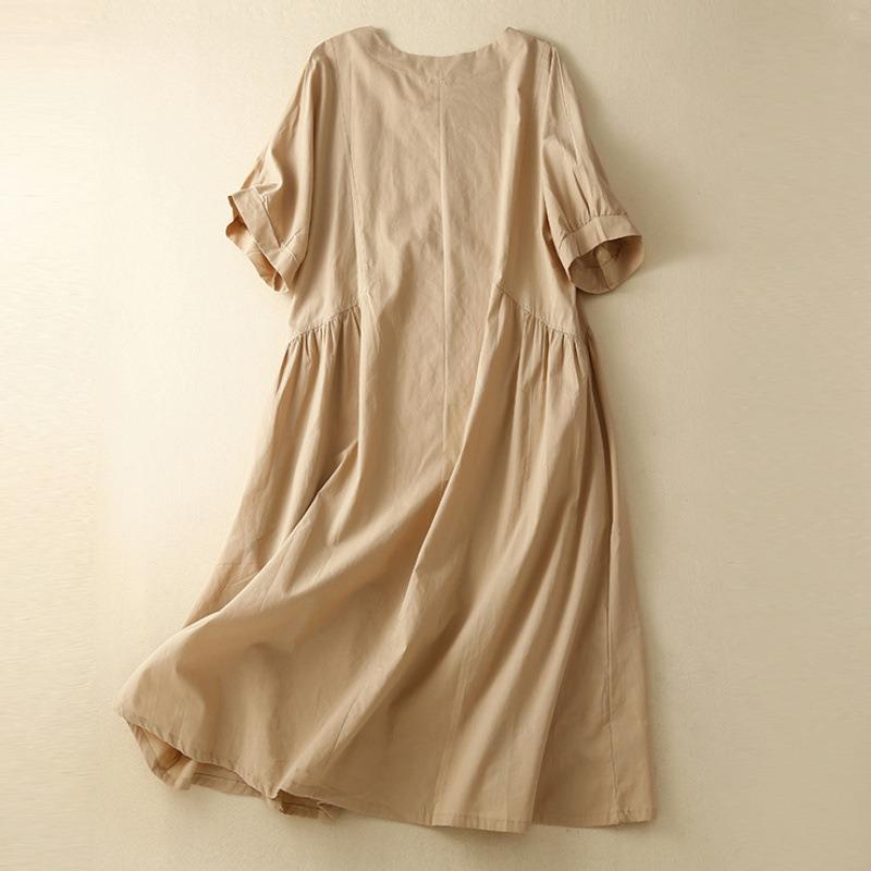 Real Summer New Literary Large Size Loose Solid Color V-neck Short-sleeved Dress Women's Medium and Long Models