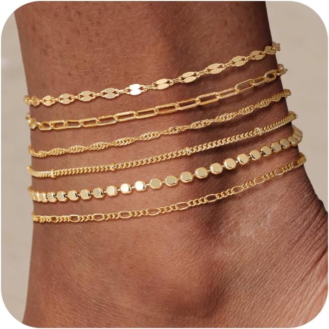 Waterproof Ankle Bracelets for Women, 14K Real Gold Filled Anklets for Women 6PCS Anklet Set Dainty Summer Beach Jewelry