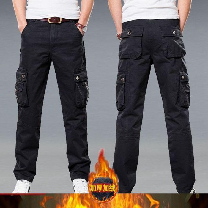 Winter New Men'S Plush Thick Work Pants Warm Cotton Loose Straight Tube Multi Bag Casual Work Pants
