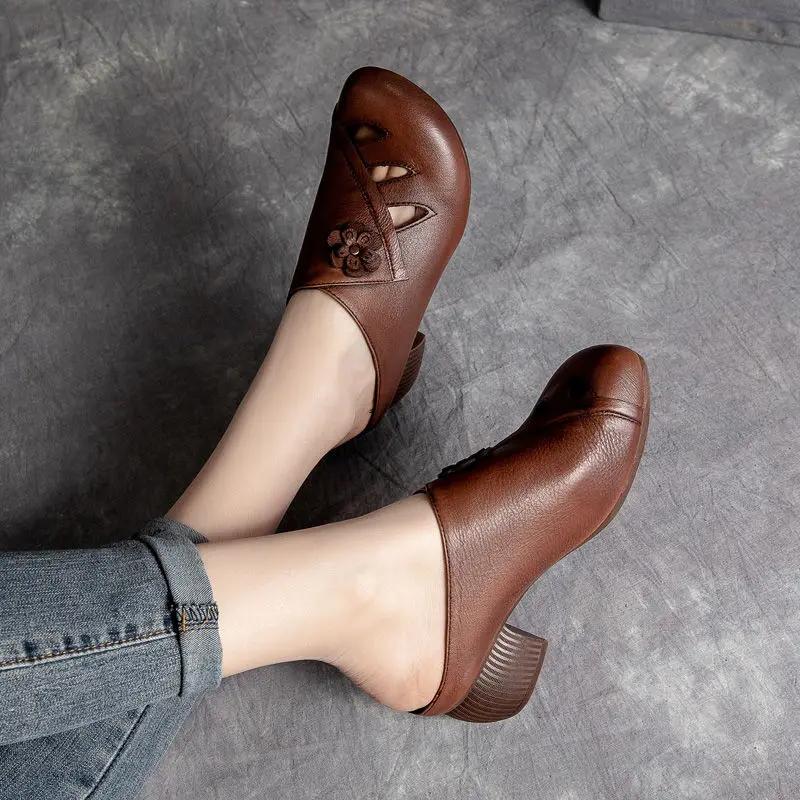 Fashion Comemore 2025 Retro Women Slippers Soft Shoes Close Toe High Heels Slides Black Mules Flip Flops for Summer Medium Heel Slides