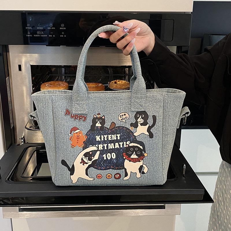 Cartoon Denim Bag Women's New Fashion Portable Tote Bag Casual Large-capacity Bag