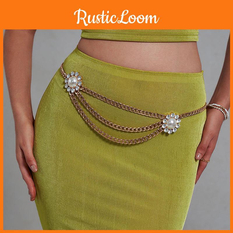 Pearl Stylish Artificial Flower Metal Waist Chain For Women Casual Or Formal Use