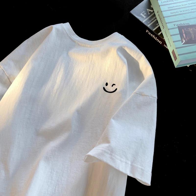 Smiling Face Print White T-shirt Summer 2025 New 100% Cotton Short Sleeve Tee Loose Casual Y2k Top Clothing