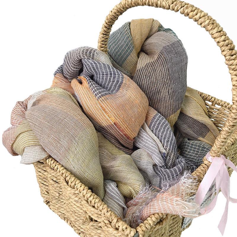Japanese Style Checked Striped Linen Scarf Spring and Summer Thin Breathable Sunscreen Scarves Neck Cape