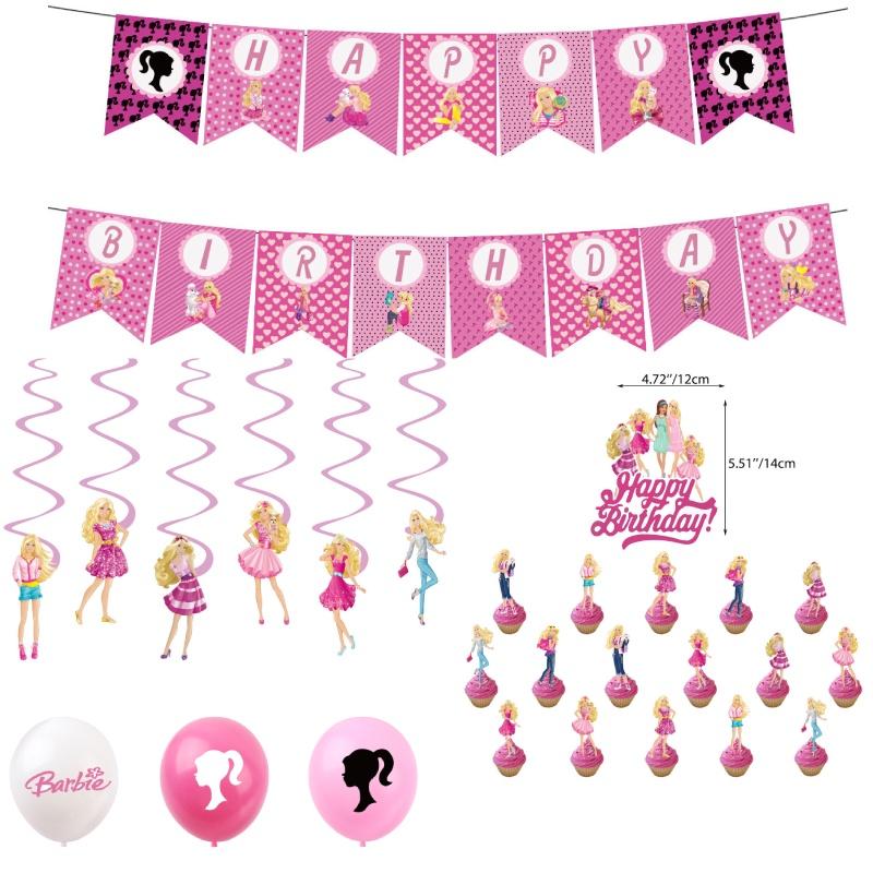 Barbie Doll Themed Purple Birthday Party Decoration Set With Cartoon Flags, Latex Balloons, And Cake Toppers