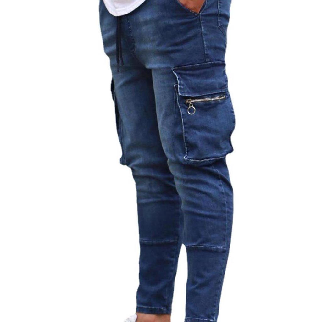 Herren-Jeans mit mehreren Taschen, Stretch, Reißverschluss, Dekoration, Arbeitskleidung, Jeans, Neu