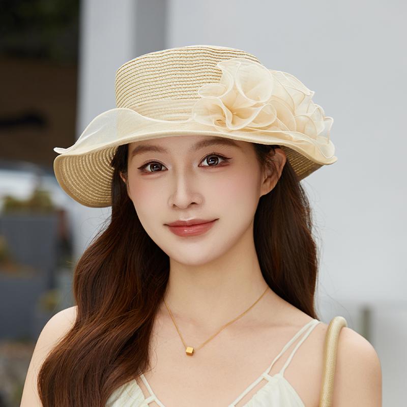 2026 NEW Summer Fashion Flowers Fascinator Hats Wide Brim Party Flat Topped Straw Hat For Women Elegant UV Resistant Sun Hat