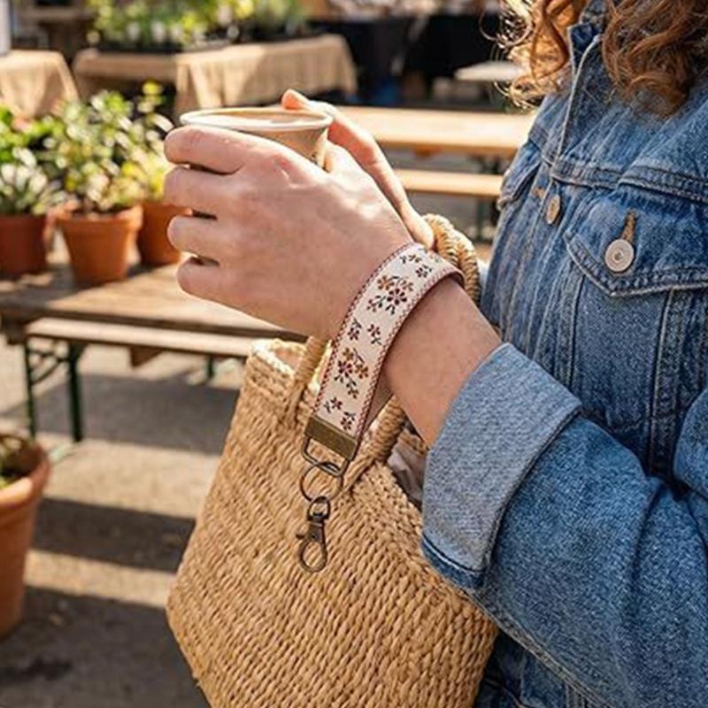 Double Sided Embroidered Fabric Keychain Wrist Strap with Webbing Label Decorative Fabric Keyring Suitable for Travelers