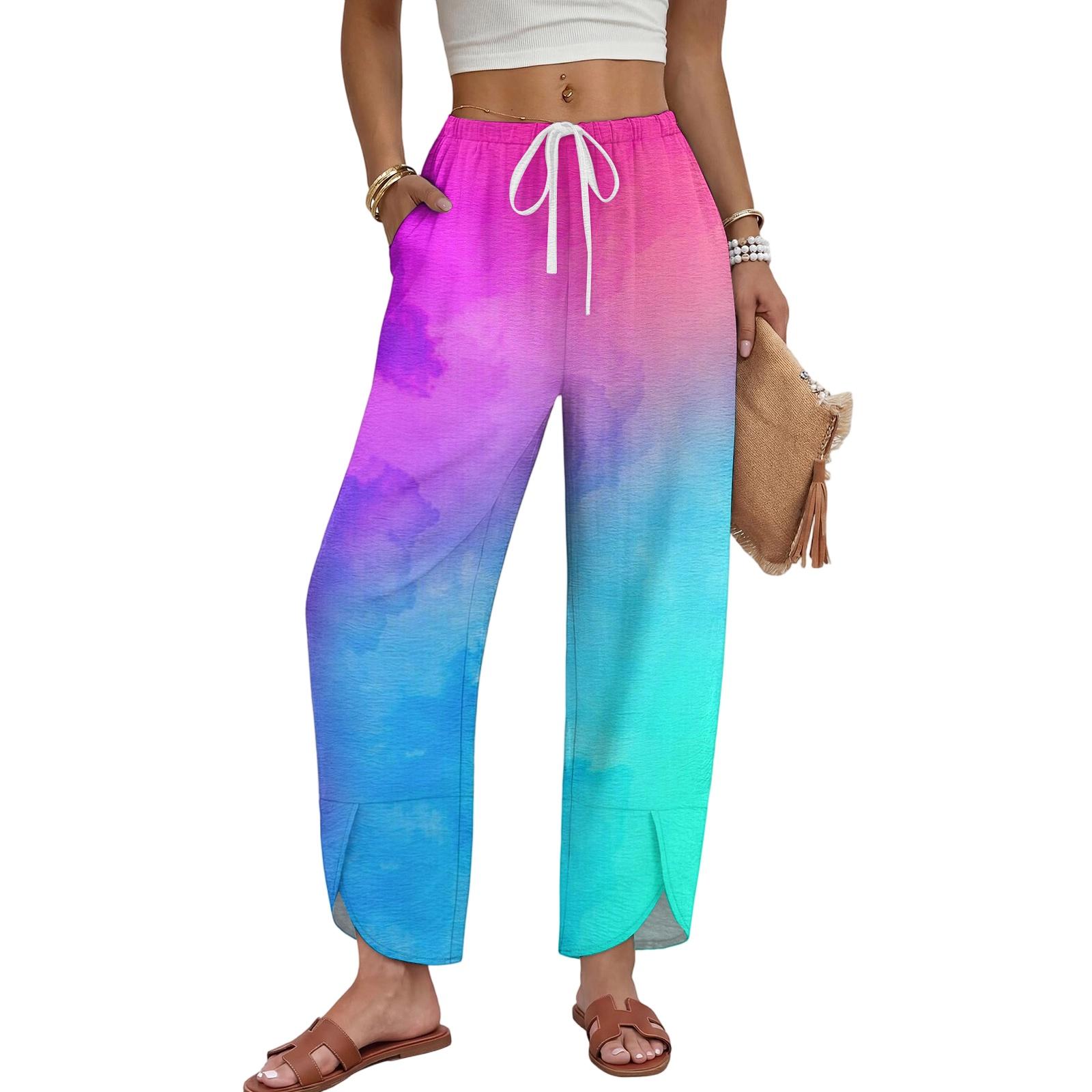 Women s Casual Wide Leg Pants with Drawstring, Tie- Gradient Print L
