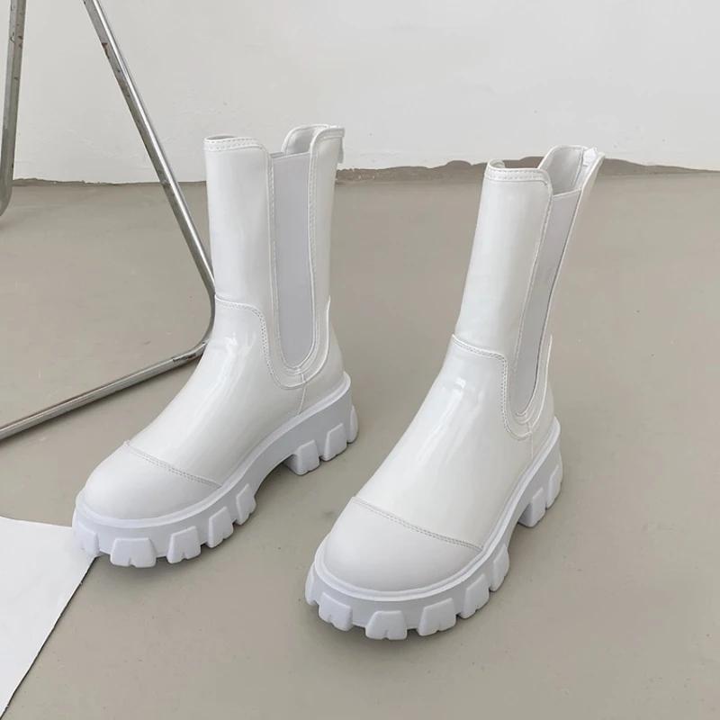 

Модные женские короткие ботинки Новинки Осень 2025 Модная обувь Платформа Круглый носок Застежка-молния сзади Ботинки байкеры Женский комфорт Botas De Mujer 35 белый