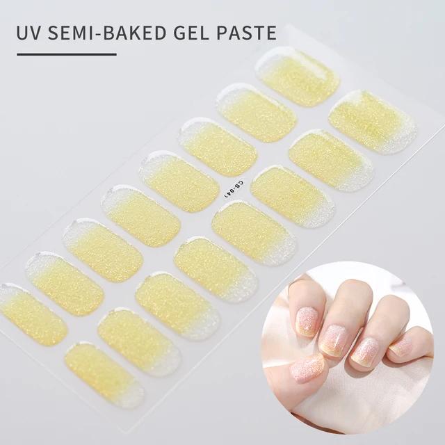 16Tips UV Semi-Cured Gel Nail Art Stickers Combo Pack Glitter High-Gloss Water-Proof Polish Wraps Full Cover Manicure Nails