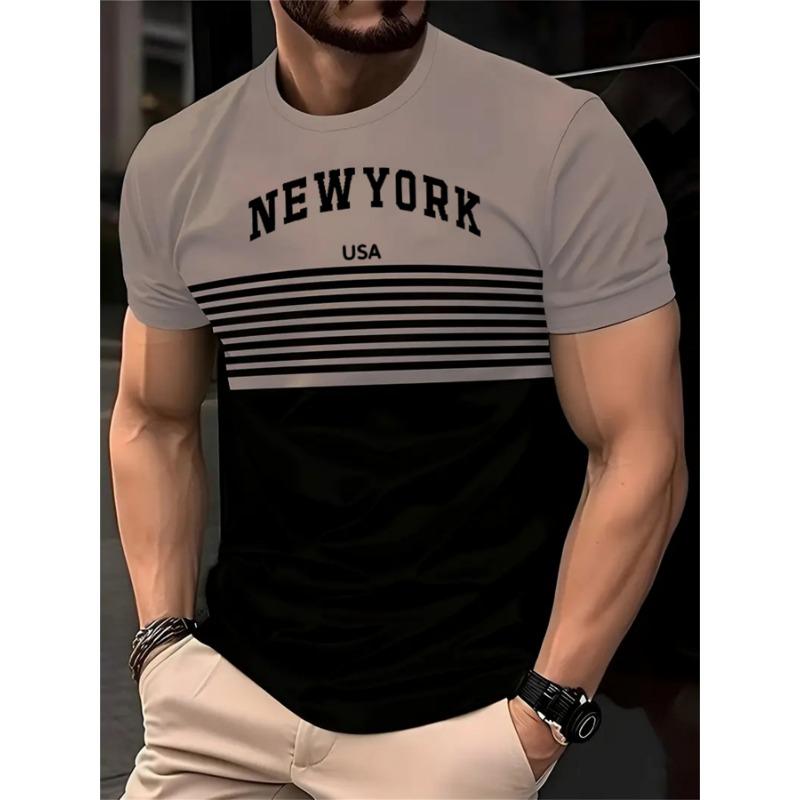 Summer Casual New York Text 3D Printed Men's Striped T-shirt Outdoor Sportswear Oversized Fitness Top Short Sleeved T-shirt for Men
