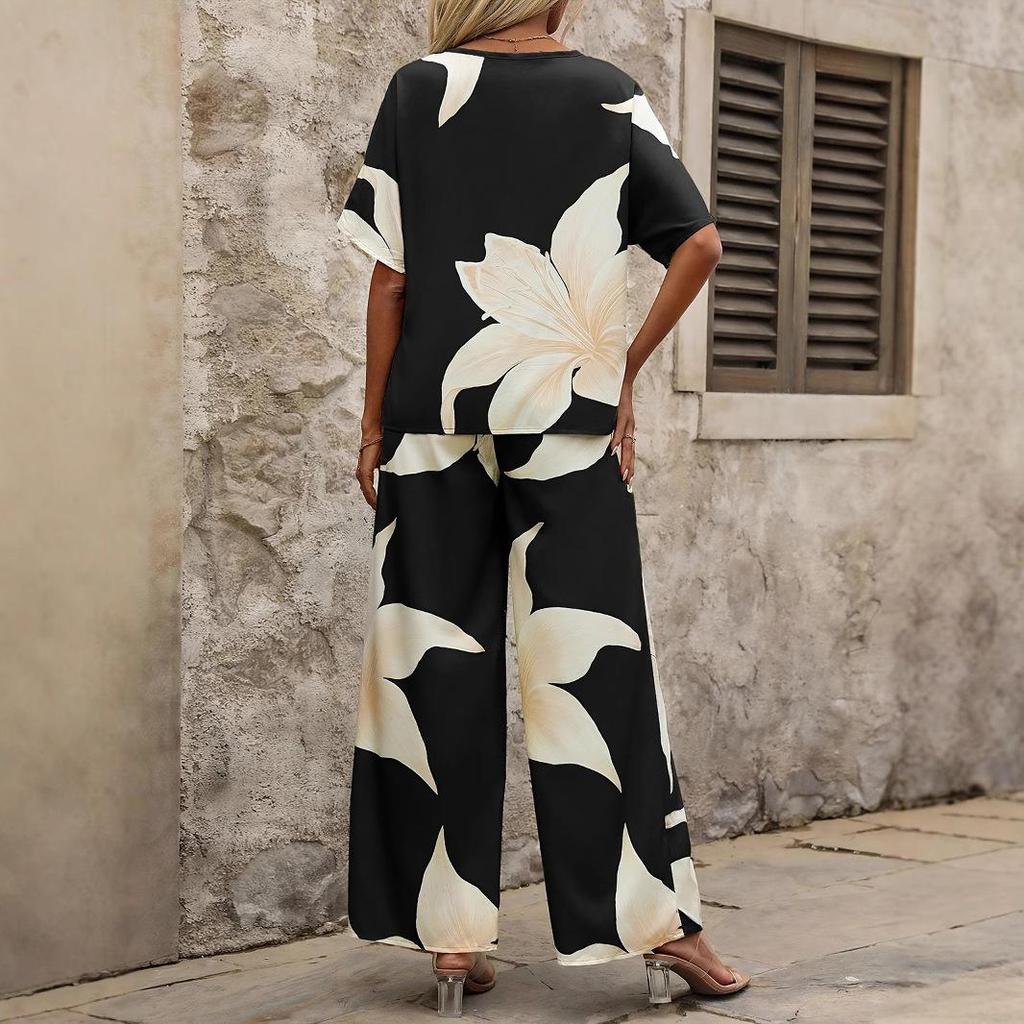 2026 Summer V-Neck Batwing Sleeve Printed Long Pants Fashion Two-Piece Set