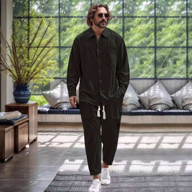 

Мужской весенне-осенний повседневный костюм-двойка из хлопка и льна: Рубашка и длинные брюки. Extra Large