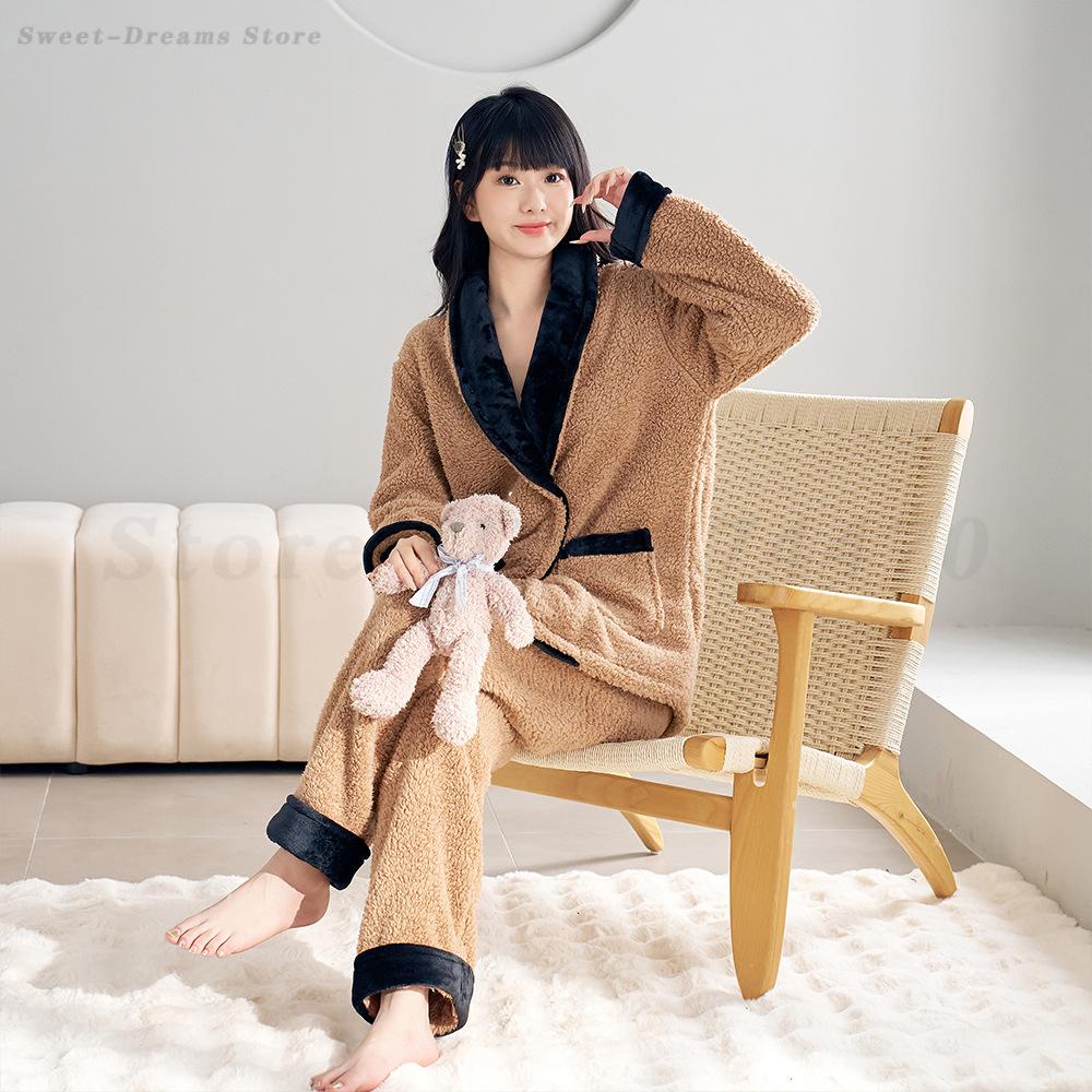 Female Sweet 2PCS Pajamas Set Autumn Winter Coral Fleece Sleepwear Trousers Pijamas Suit Thickened Warm Homewear Lounge Wear
