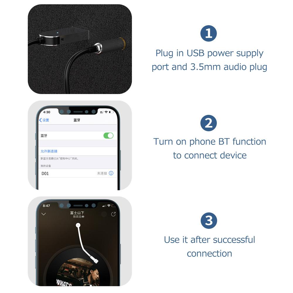 Vehicle-mounted BT Receiver 3.5mm AUX To BT5.0 Adapter Built-in Microphone AUX Input Compatible