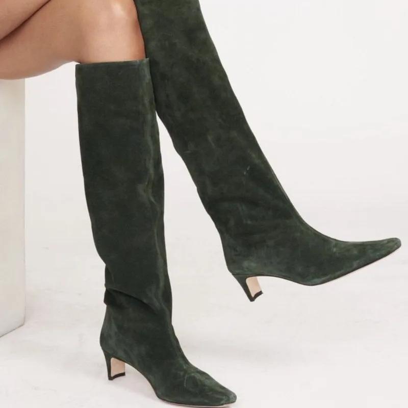 Fashion New Autumn Winter Square Toe Low Heeled Suede Long Boots European and American Fashion Black Brown Minimalist Knee High Boots
