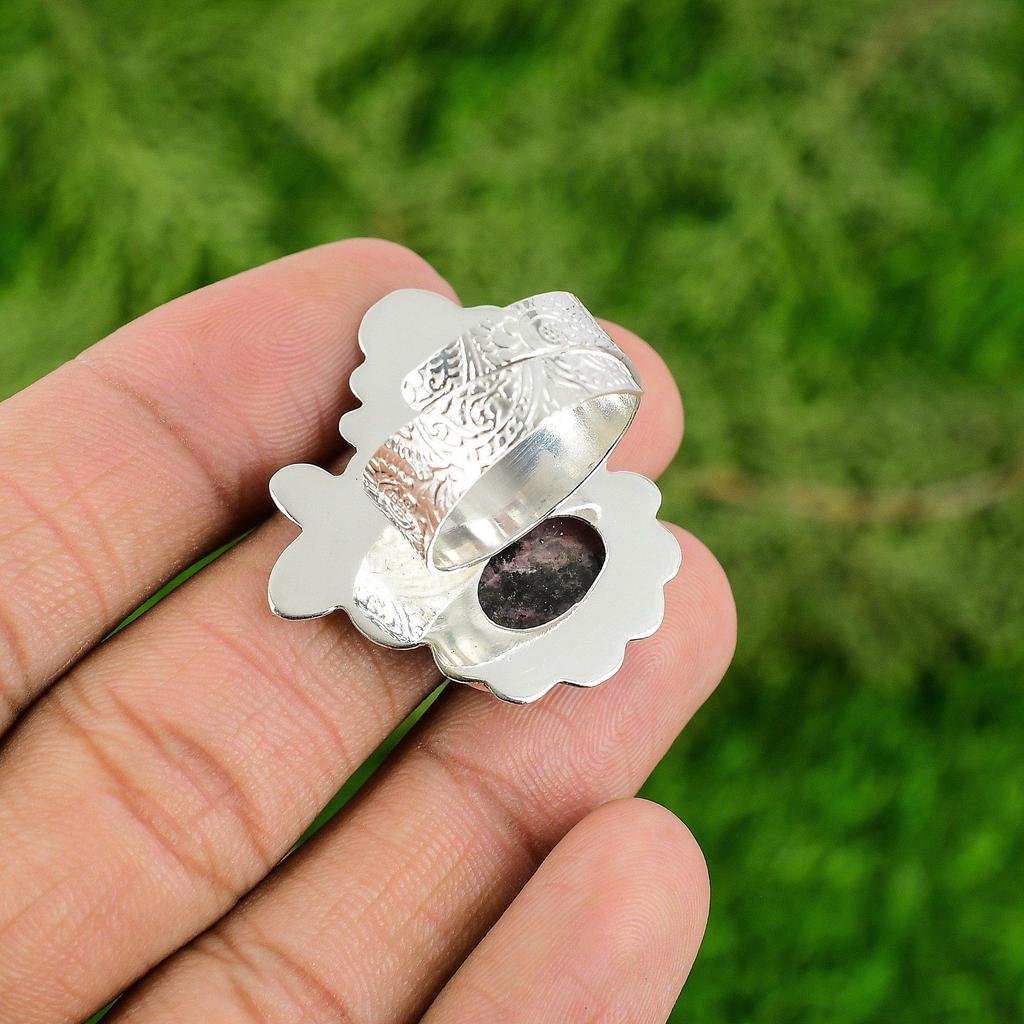 Gift For Women Solitaire Adjustable Ring 925 Silver Natural Rhodonite Gemstone