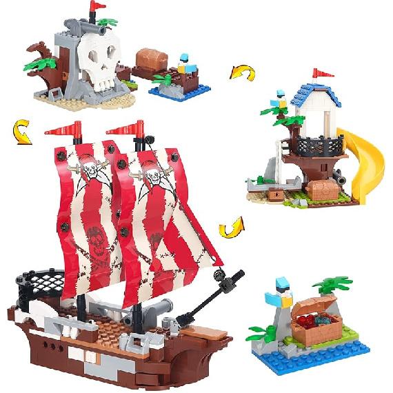 3in1 Pirate Ship Building Set with Treasure Island, Toy Pirates Island Building Kit, Outpost with Slide and Seesaw, Creative Playset Pirates Themed