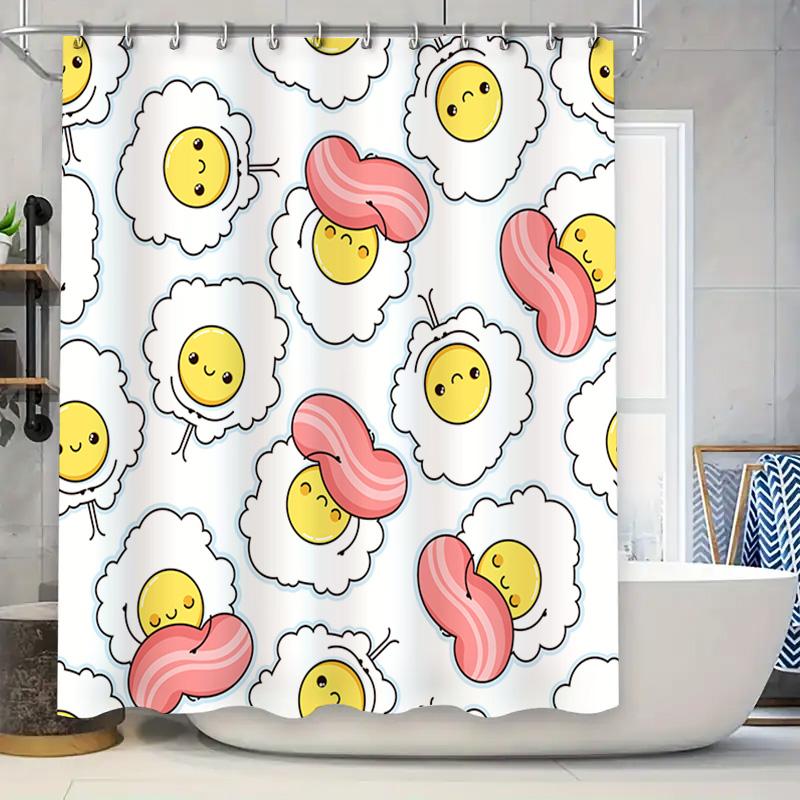 Adorable Kawaii Cartoon Bacon and Egg Shower Curtain for Bathroom Decor White with Pink and Yellow Accents (Size: 72x84 Inches) 90x180cm