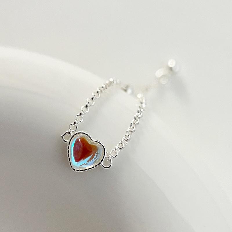925 Sterling Silver Heart Moonstone Ring for Women - Simple Oval Naked Chain Index Finger Ring