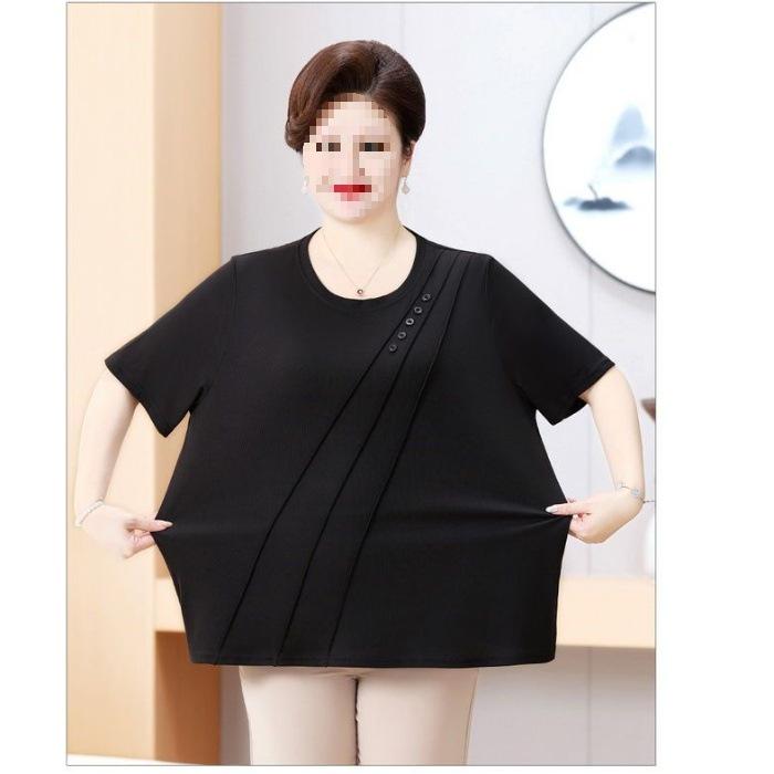 

Plus Size Summer Embroidered T-Shirt for Middle-Aged & Elderly Women – Loose Fit, Solid Color Short-Sleeve Slimming Top 3XL чорний
