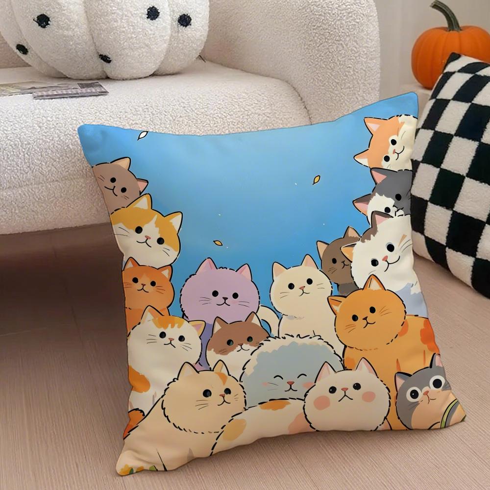 Cartoon Cute Cat Picture For Wake Up Cushion Cover Throw Pillow Cover Hidden Button Durable Polyester Chair Cushion