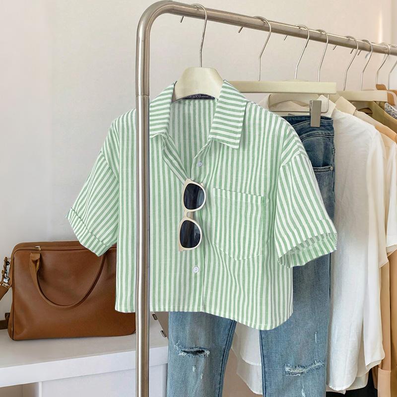 ZANZEA Women Turn Down Collar Summer Short Sleeve Stripe Blouse