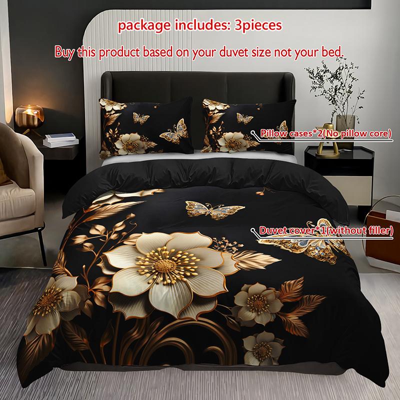 

3pcs Luxury Golden Butterfly Floral Bedding Duvet Cover Set Black Golden Bedding Quilt Set Elegant Butterfly Themed Bed (135x200cm)