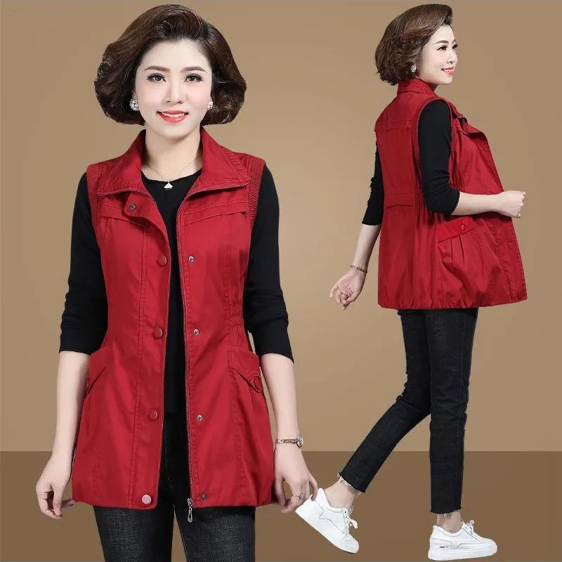 6XL Middle-aged Woman Pure Cotton Vest New Spring Autumn Lined Waistcoats Femme Casual Sleeveless Jacket Zipper Windbreaker Coat