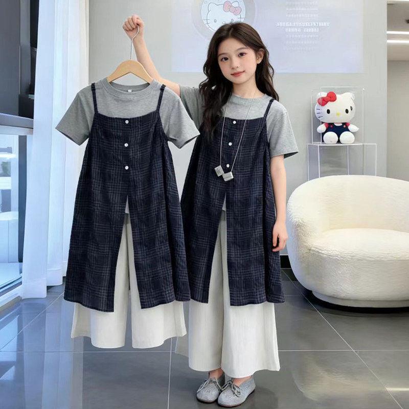Girls  Plaid Summer Suspender Dress Set - 3-Piece Casual Outfit 140 cm тёмно-синий