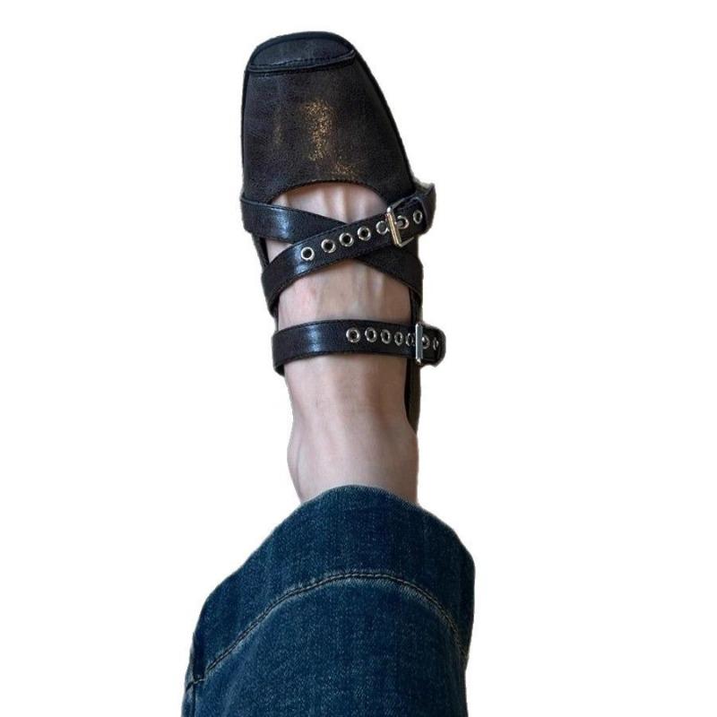 Modische Damen Schuhe Quadratische Zehen Vielseitige Kreuzriemen Niedrig Absatz Einzel Schuhe