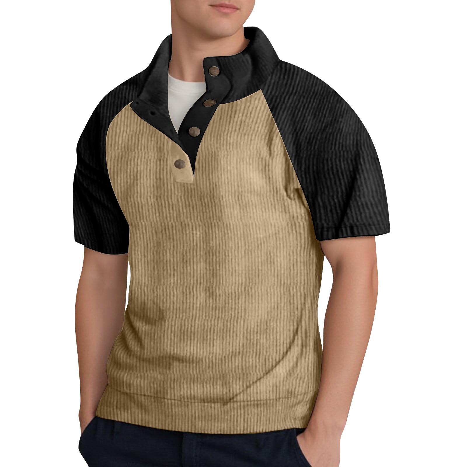 

Мужской повседневный топ с короткими рукавами и воротником-стойкой в полоску из тонкого вельвета M хаки