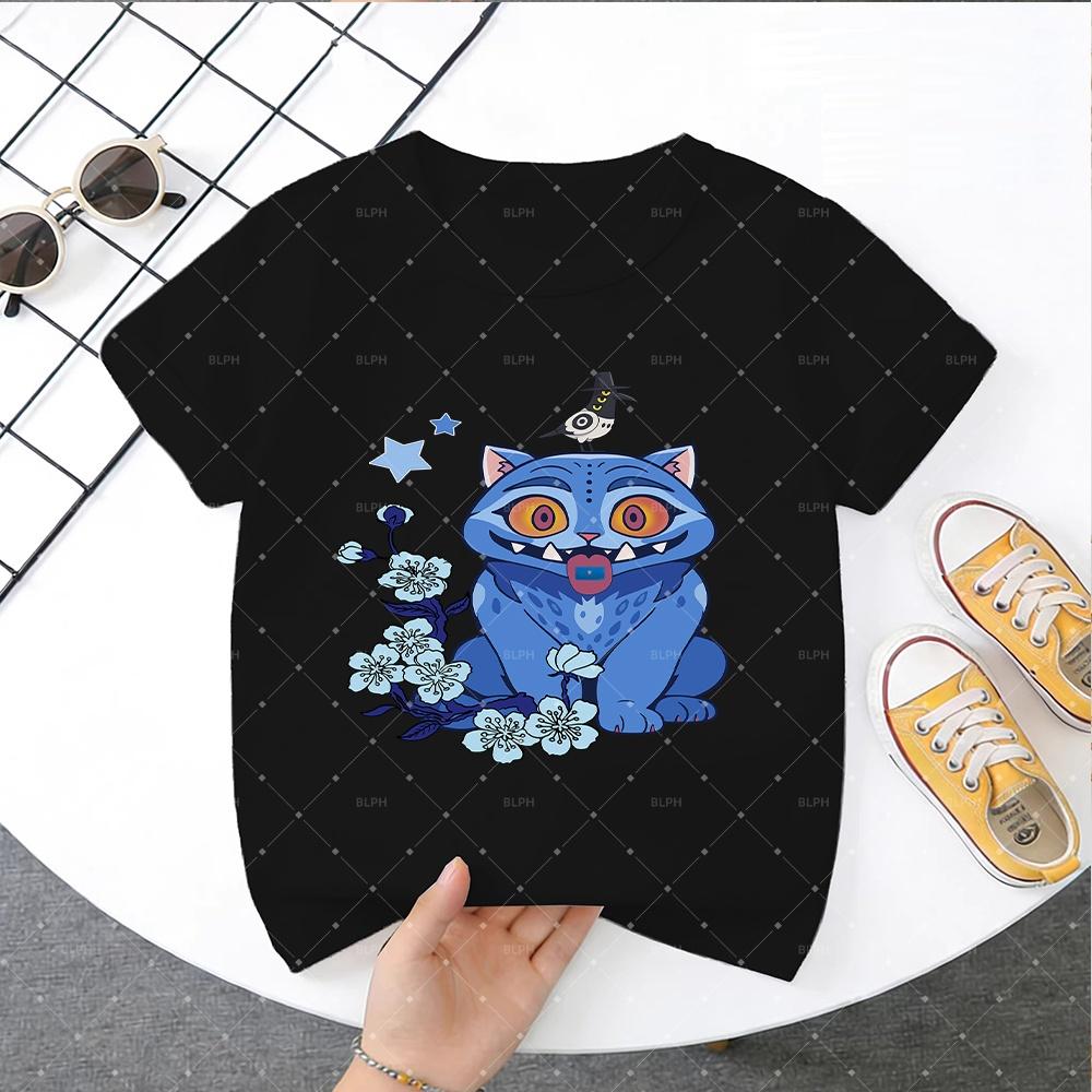 KPop Demon Hunter Cute Blue Cat with Bird Pattern Children's T-Shirt Fashionable Casual for Boys and Girls